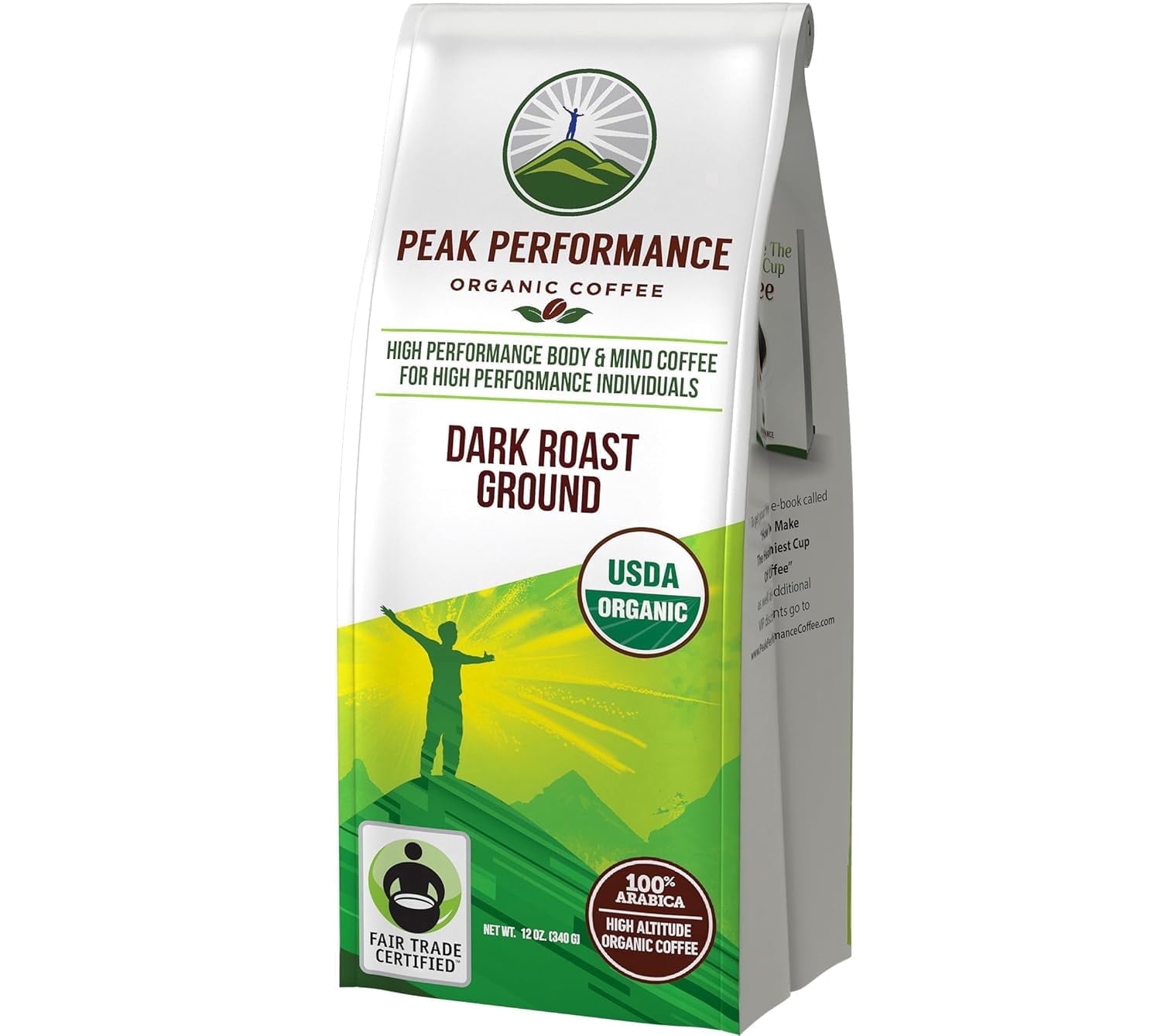 Peak Performance High Altitude Organic Coffee. Fair Trade, Low Acid, Non GMO, and Beans Full Of Antioxidants. Dark Roast Smooth Tasting USDA Certified Organic Ground Coffee Bag