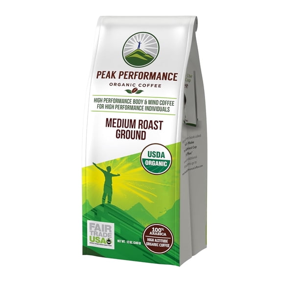Peak Performance High Altitude Organic Coffee. Fair Trade, Low Acid, Non GMO, and Beans Full Of Antioxidants. Medium Roast Smooth Tasting USDA Certified Organic Ground Coffee Bag
