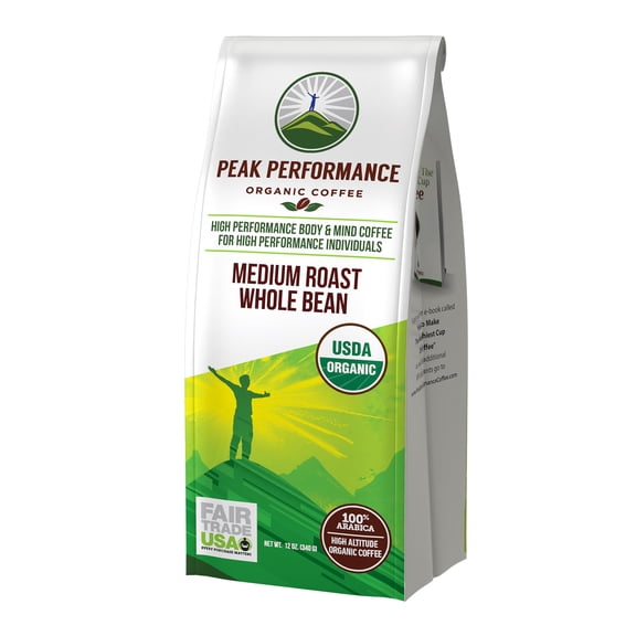 Peak Performance High Altitude Organic Coffee - Fair Trade, Low Acid, Non GMO, and Beans Full of Antioxidants - Medium Roast Smooth Tasting USDA Certified Organic Whole Bean Coffee Bag 12 oz