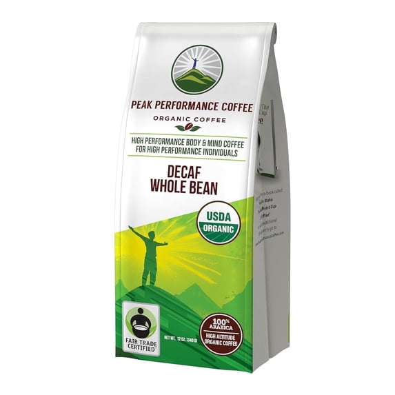 Peak Performance High Altitude Organic Decaf Coffee. Fair Trade, Low Acid, Non GMO, Beans Full Of Antioxidants. Medium Roast Smooth Tasting USDA Certified Organic Decaffeinated Whole Bean Coffee Bag