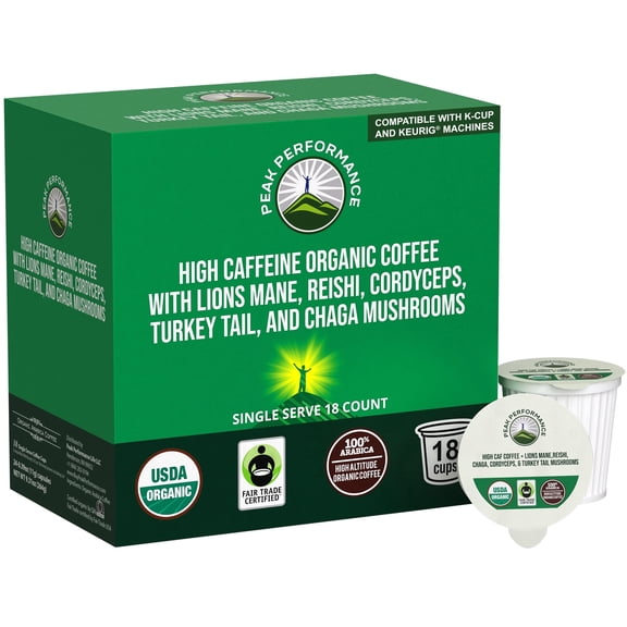 Peak Performance High Caffeine Mushroom Coffee Pods - Organic Low Acid Coffee with Lion's Mane, Reishi, Cordyceps, Turkey Tail and Chaga - 72 Count