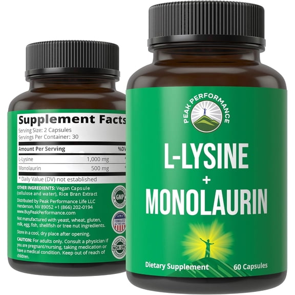 Peak Performance L-Lysine + Monolaurin Immune Support Supplement, Skin & Lip Care, 60 Count