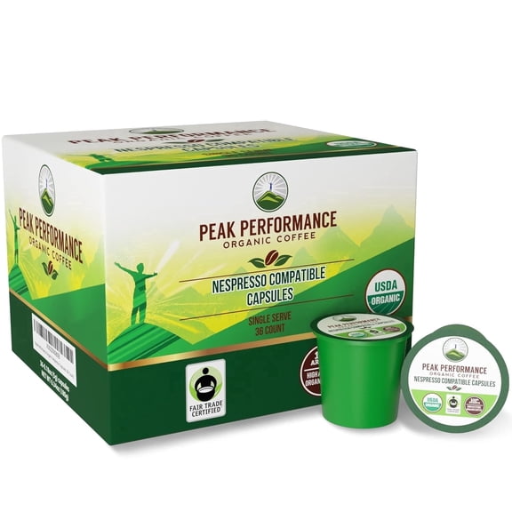 Peak Performance Organic Capsules for Nespresso Machines - Fair Trade, Low Acid, Organic Espresso Coffee Pods (36 Count) Compatible With Nespresso Capsule Brewers. Medium Roast Single Serve Pod