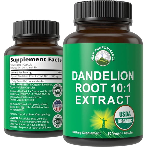 Peak Performance Organic Dandelion Root 10:1 Extract Capsules. Gluten-Free for Digestion, Immune Support, and Detox, 30 Count