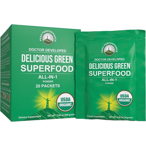 Peak Performance Organic Greens Superfood Powder Single Serve Travel Packets. Best Tasting Organic Green Juice Super Food with 25+ All Natural Ingredients for Max Energy. (20 Pack)