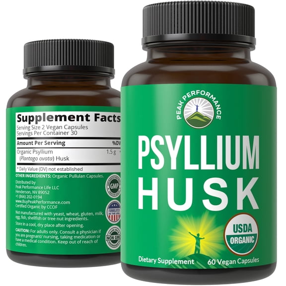 Peak Performance Organic Psyllium Husk Fiber Supplement Capsules, USDA Organic, Gluten-Free, Vegan, for Digestive Health