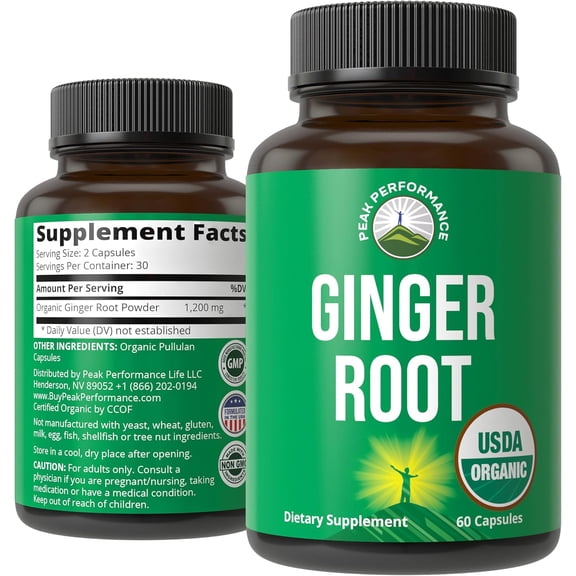 Peak Performance USDA Organic Ginger Root Capsules. Supplement for Immune, Digestive + Gut Support
