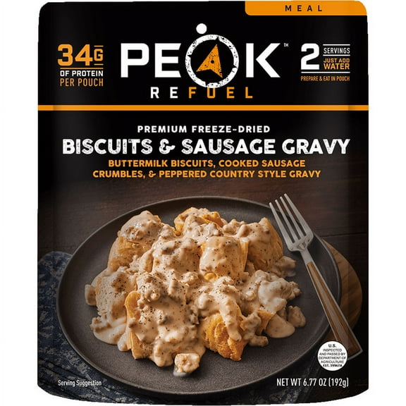Peak Refuel Breakfast Meals | Freeze Dried Backpacking, Camping & Emergency Prep Food | 2 Servings Pouches (1-Pack, Biscuits & Gravy)