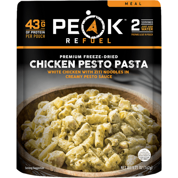 Peak Refuel Chicken Pesto Pasta| Premium Freeze Dried Camping Food | Backpacking & Hiking MRE Meals | Just Add Water | 100% Real Meat | 43g of Protein | 2 Serving Pouch