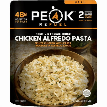 Peak Refuel Chicken Alfredo Pasta | Premium Freeze Dried Camping Food | Backpacking & Hiking MRE Meals | Just Add Water | 100% Real Meat | 48g of Protein Per Pouch | 2 Servings Per Pouch