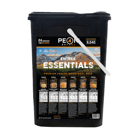 Peak Refuel Essentials Bucket | 100% Real Meat | Premium Freeze-Dried Meals for Backpacking, Camping & Survival | 24 Servings | MRE Emergency Food