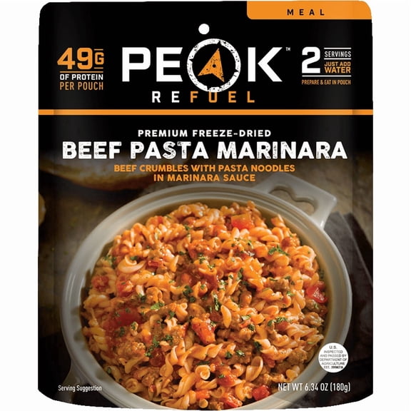 Peak Refuel Beef Pasta Marinara | 49g Protein | 1040 Calories | 100% Real Meat | Premium Freeze Dried Backpacking & Camping Food | 2 Servings | Ideal MRE Survival Meal (2 Serving Pouch)