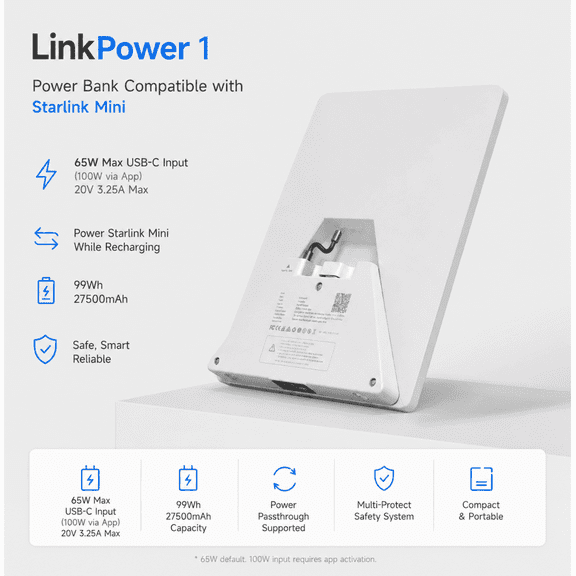 PeakDo LinkPower 1 Power Bank for Starlink Mini – 27500mAh 99Wh Portable Battery Pack with USB-C PD Fast Charging, LCD Display, Smart App Control & DC Cable for Camping, RV & Outdoor Use