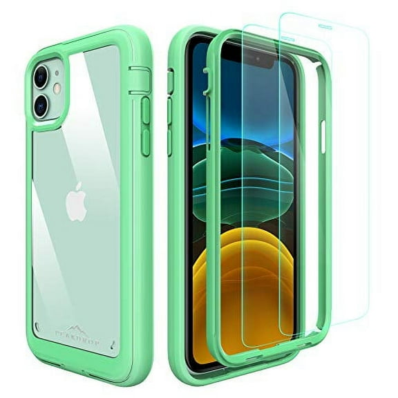 PeakDrop Case for iPhone 11, and [2 x Tempered Glass Screen Protector] 360 Full Body Coverage Heavy Duty Shockproof TPU Bumper with Clear Hard Back 3in1 (Mint)
