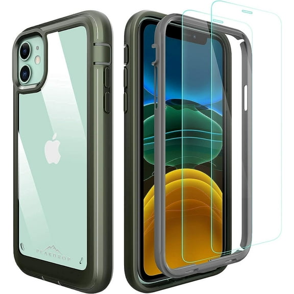 PeakDrop Case for iPhone 11, and [2 x Tempered Glass Screen Protector] 360 Full Body Coverage Heavy Duty Shockproof TPU Bumper with Clear Hard Back 3in1 (Olive Green/Gray)