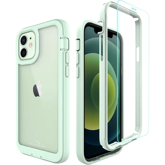 PeakDrop Compatible with iPhone 12 Case and iPhone 12 Pro Case, Clear Full Body Heavy Duty Protective Case Transparent Cover (2X Glass Screen Protector Included) (6.1 inch, 2020) - Mint
