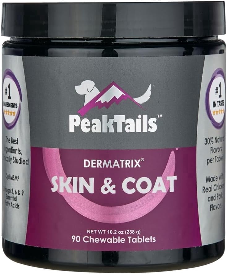 Kala Health PeakTails Skin & Coat Support for Dogs – 90 Chewable Tablets with MSM, Fish Oil, Omega-3 & Omega-6 – Supports Healthy Skin, Shiny Coat