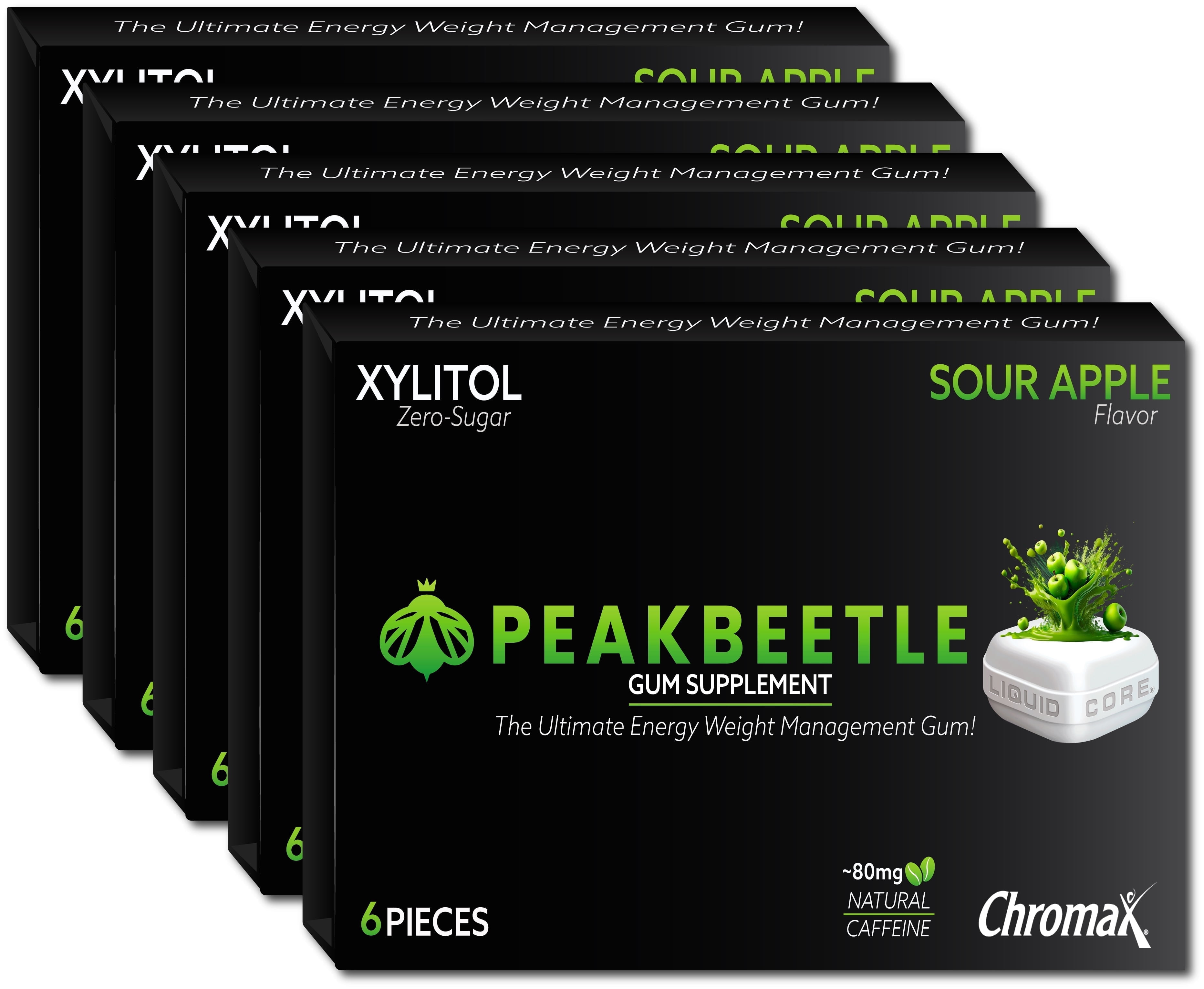 Peakbeetle Energy Gum, 80mg Caffeine per Piece, Chromax, Sugar-Free – 5 Packs 6 Pieces Each