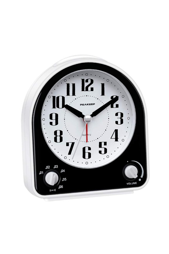 Analog Alarm Clock Non-Ticking Silent, Optional 7 Wake-up Sounds with Volume Control, Nightlight and Snooze, AA Battery Operated (Black)