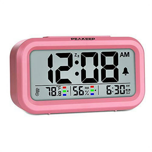 Peakeep Indoor Humidity Temperature Digital Alarm Clock for Bedrooms, Smart Night Light, Battery