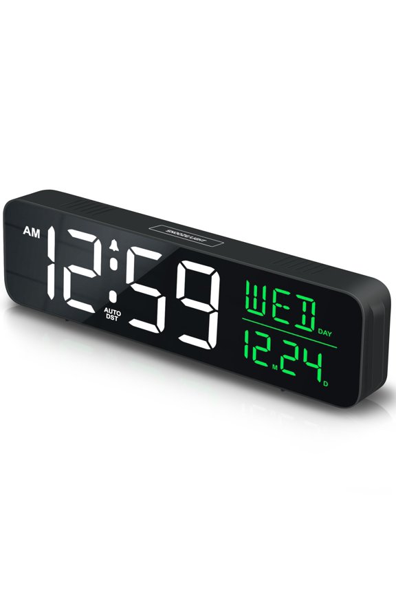 Large Display Digital Alarm Clock for Bedrooms, Date Day of Week Calendar Desk Table Clocks for Living Room Office, Dimmable Plug in Electric Clock, 5 Volumes, Loud, Auto DST