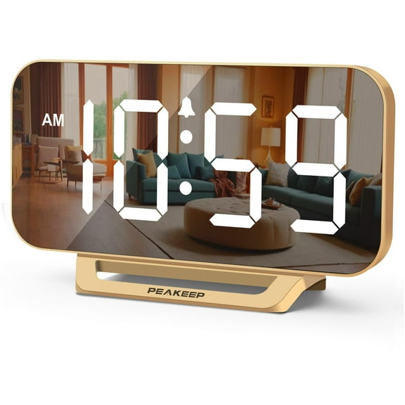 Peakeep Slim Digital Mirror XEF1Aesthetic Alarm Clock for Bedrooms Desk Decor - Plug in Electric Big LED Modern Small Clock for Office Living Room, Battery Backup, 6 Dimmers (Gold)