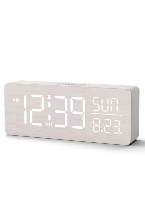 Wooden Digital Alarm Clock Large Display, Textured Desk Table Decoration for Bedroom Living Room, Plug in Clock with Time Date Day, 5 Brightness, Auto DST