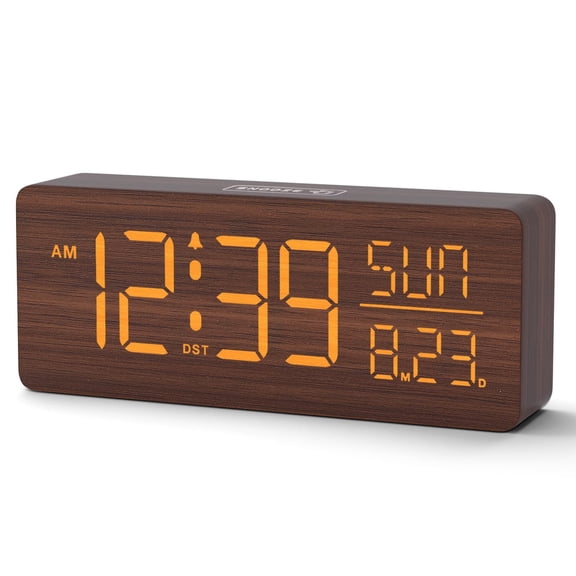 Peakeep Wooden Digital Alarm Clock Large Display, Textured Desk Table Decoration for Bedroom, Living Room, Plug in Clock with Time Date Day, 5 Brightness, Auto DST