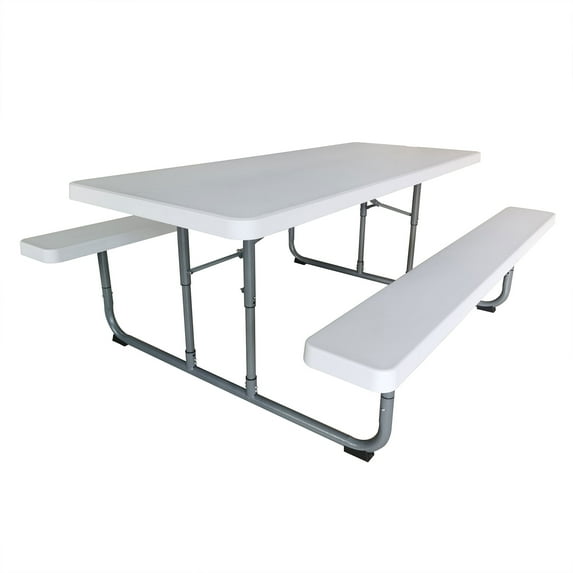 Peakform 6' Rectangular Picnic Table Double Bench Wood Grain Seating, White