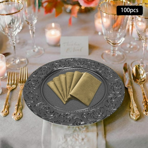 Peakora 100PCS Embossed Rim Charger Plates Set 13 Inch Round Charger Plates Bulk Reusable Serving Plates for Commercial Venues & Parties Decor Black