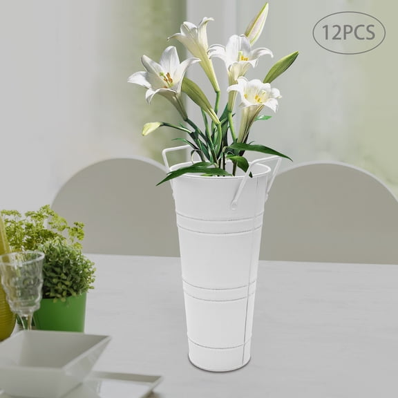 Peakora 12 PCS White Metal Flower Buckets Galvanized Flower Display Buckets with Handles Multifactional Flower Display for Garden Parties, Outdoor Event Decorations
