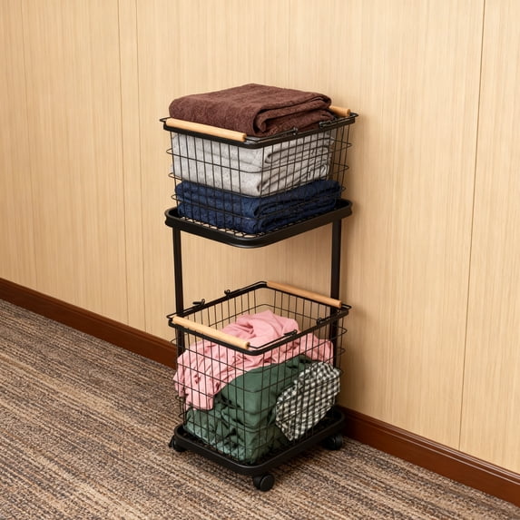 Peakora 2-Tier Multifunctional Laundry Basket Modern Iron Multi-layer Clothes Storage Basket Free Standing Laundry Basket on Wheels for Laundry Rooms Balconies Toilets