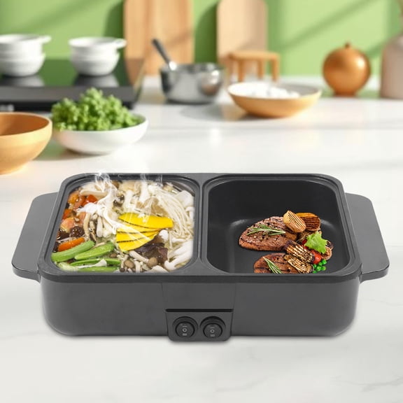 Peakora 2-in-1 Electric Hot Pot with Grill Black Non-stick Pan for Boiling & Frying Portable Korean BBQ Grill Smokeless Independent Temperature Control for Barbecue Frying