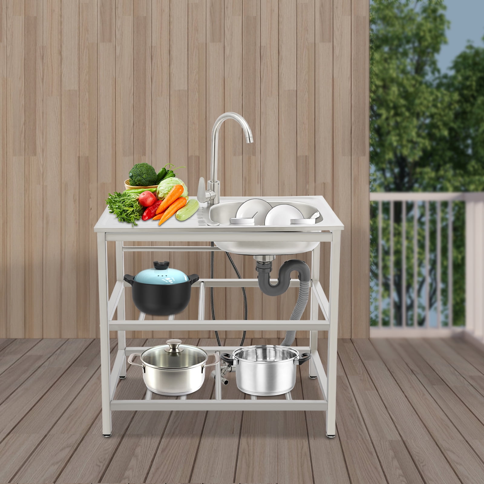 Peakora 3 in 1 Kitchen Utility Sink Stainless Steel Kitchen Sink with Faucet Freestanding Outdoor Kitchen Commercial Sink with Double-Layer Storage Rack