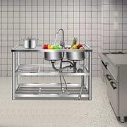 Peakora 3 in 1 Kitchen Utility Sink Stainless Steel Kitchen Sink with Two Sinks and Faucet Freestanding Outdoor Kitchen Commercial Sink with Double-Layer Storage Shelf