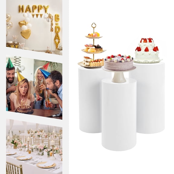 Peakora 3 PCS Event Cake Display Cylinder Wedding Cake Stand Set Wedding Birthday Party Cake Flower Round Cylinder Display Stand Freestanding Metal Cylinder Pedestal Decor for Celebration Decoration
