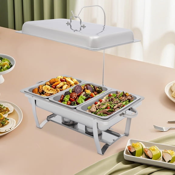 Peakora 410 Stainless Steel Chafing Dish Buffet Set with 3 Food Pans 2.37gal Rectangular Warmers Set with Lid Water Pan Stand Stainless Steel Buffet Warmer for Parties Silver