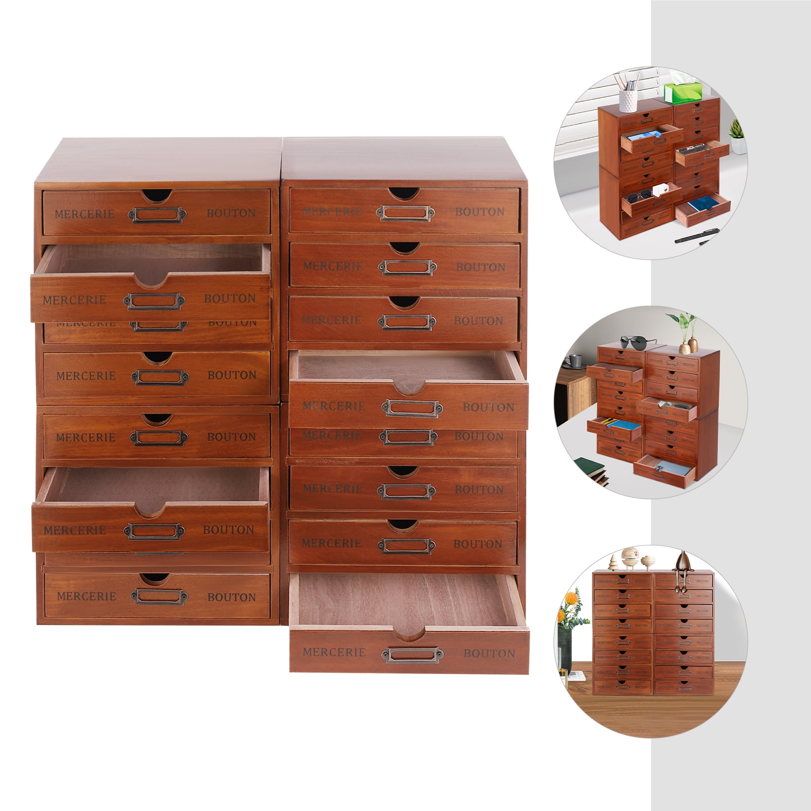 Peakora 4PCS 16-Drawer Wooden Desk Organizer Pine Wood Storage Drawers Vintage Shelf Drawer Desktop Organizer with Drawers Retro Style Storage Box Desktop Storage for Office Study Bedroom Dresser