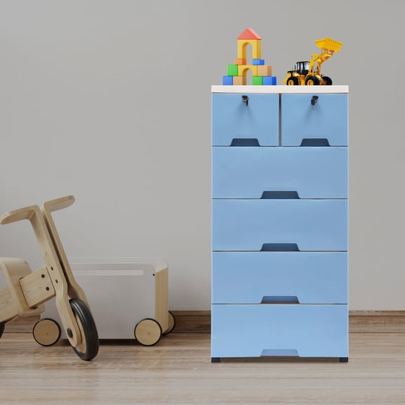 Peakora 5-Layer Storage Bin Blue and White PP Material Lockable Drawers with Wheels Freestanding for Bedroom Living Room Study
