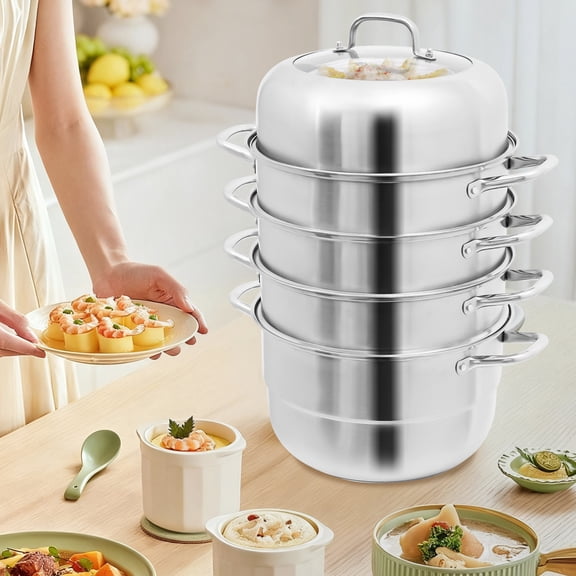 Peakora 5-Tier Stainless Steel Steamer with 3 Steaming Grids and 1 Large Bottom Cooking Pot Multifunctional Food Steamer Cooker with Glass Visualization Lid Steamer Cookware Pot 12.8*6.9in