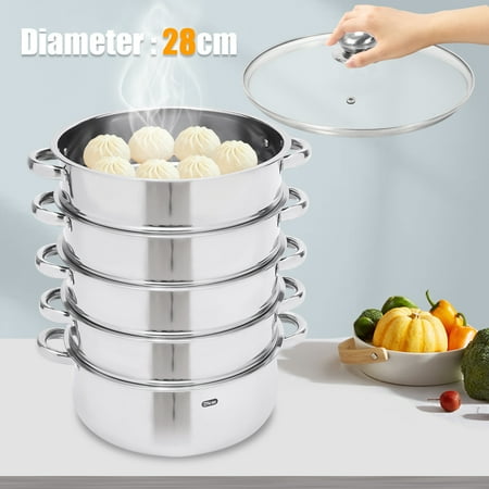 Peakora 5-Tier Stainless Steel Steamer with 4 Steaming Grids and 1 Large Bottom Cooking Pot Multifunctional Food Steamer Cooker with Glass Visualization Lid Steamer Cookware Pot 13.77*15.35in