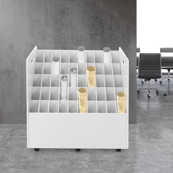 Peakora 50-Slot Blueprint Organizer White Roll File Storage Holder Large Capacity Blueprint Movable Roll File Cart with Wheels Construction Plan Holders for Office Home Library