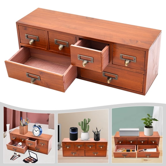 Peakora 6-Drawer Wooden Desk Organizer Pine Wood Storage Drawers Vintage Shelf Drawer Desktop Organizer with Drawers Retro Style Storage Box Desktop Storage for Office Study Bedroom Dresser