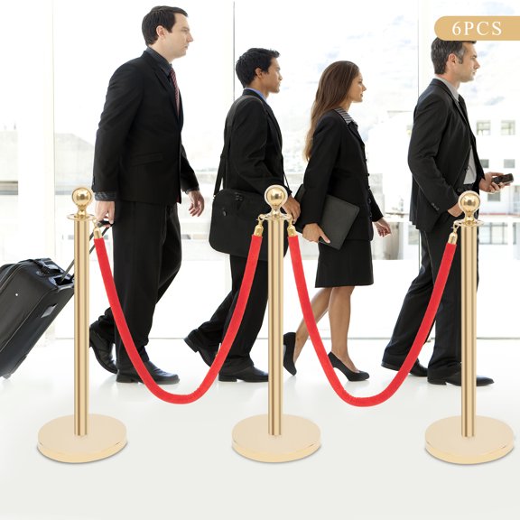 Peakora 6 PCS Gold Stanchion Posts 4 Red Velvet Ropes Queue Rope Barriers Crowd Control Barriers, Stainless Steel Gold Stanchions for Parties, Weddings, Museums Ideal for Party Supplies