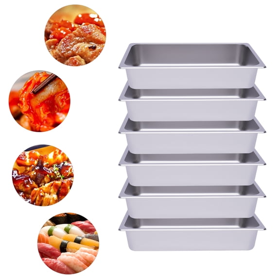 Peakora 6-Piece Set of Stainless Steel Steam Table Pans, Large Capacity with Electrolytic Finish, Rolled Edges for Safe Handling in Commercial Kitchens