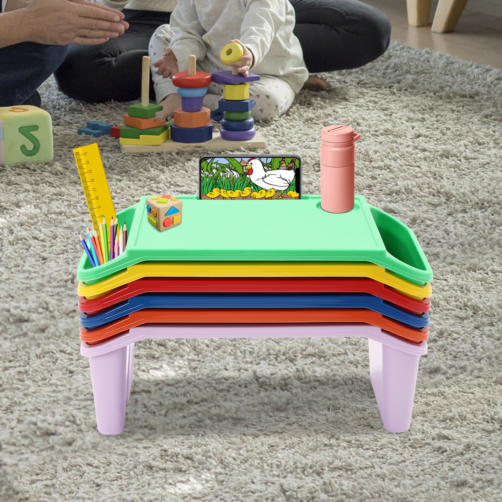 Peakora 6PCS Kids Lap Desk Tray, Portable Lap Desks with Side Pockets, Plastic Breakfast Lap Desk Trays for Writing Eating Game Classroom