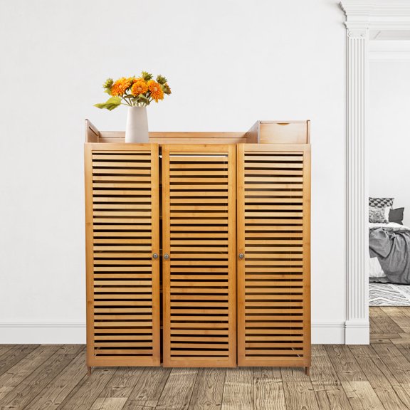 Peakora 7-Tier Entry Way Bamboo Shoe Cabinet Brown Entrance Bamboo Shoe Rack with 3-Door Density Board Shoe Cabinet Modern Design, Large Capacity for Shoes and Small Item Organization