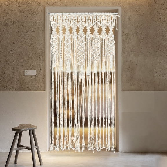 Peakora Beige Vintage Hand Braid Fringed Door Curtain Bohemian Hand Woven Macrame Door Curtain Polyester-Cotton Hollowed-Out Room Divider for Home Decor 70.86*35.43 In