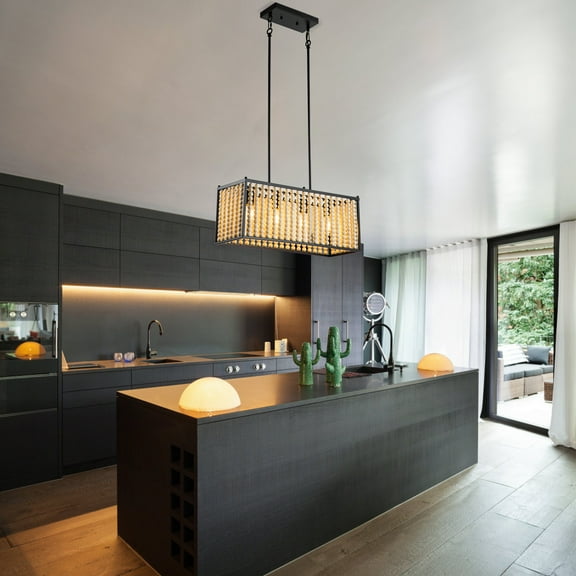 Peakora Bohemian Style Wood Beaded Chandelier 40w Rectangular-Shaped 4-Light Wood Beaded Chandelier for Living Rooms Dining Rooms Bedrooms