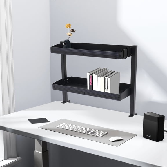 Peakora Clamp-On Desk Shelf with 2 Tiers 2-Tier Shelving with Adjustable Metal Storage Tray Clip-On Desk Shelf for Office & Home 22lbs Capacity per Shelf